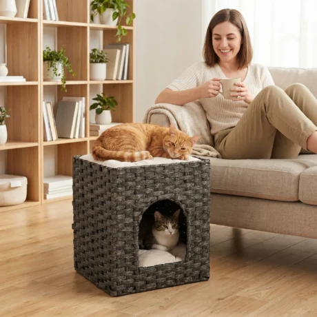 2-Tier Rattan Cat House Indoor Bed Washable Cushions &ndash; Grey, Beige &ndash; product view 2