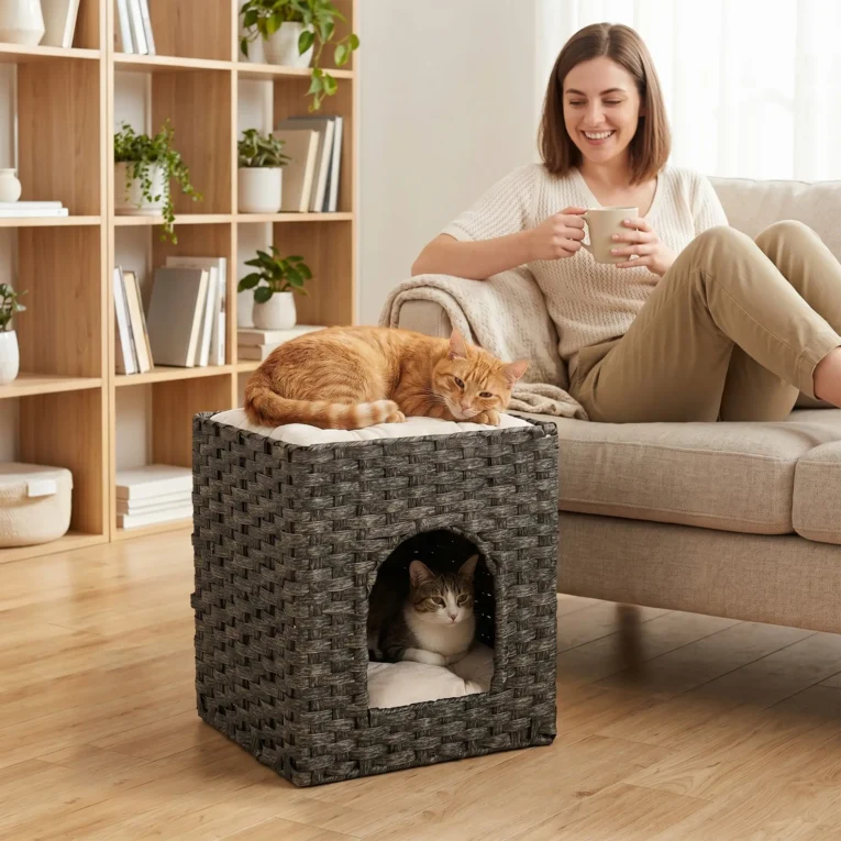 2-Tier Rattan Cat House Indoor Bed Washable Cushions – Grey, Beige