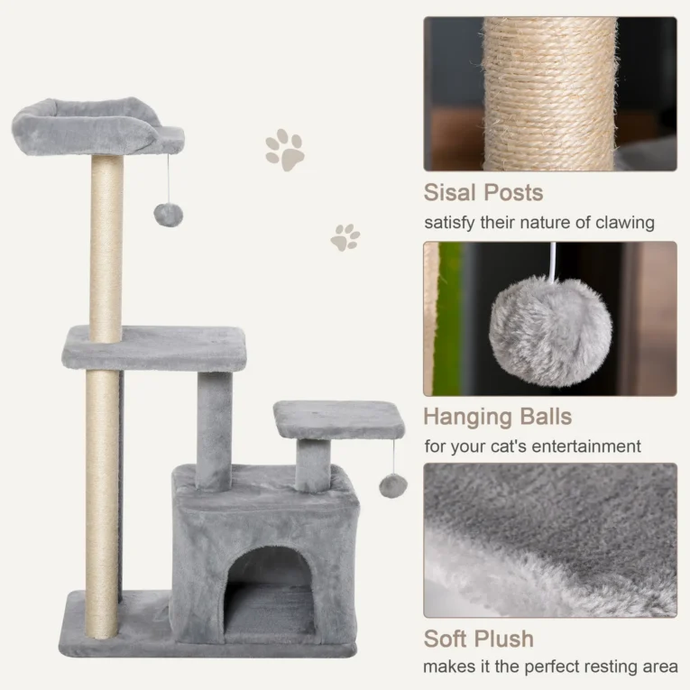 Cat Tower with Den and Raised Perches – Light Grey, 114cm