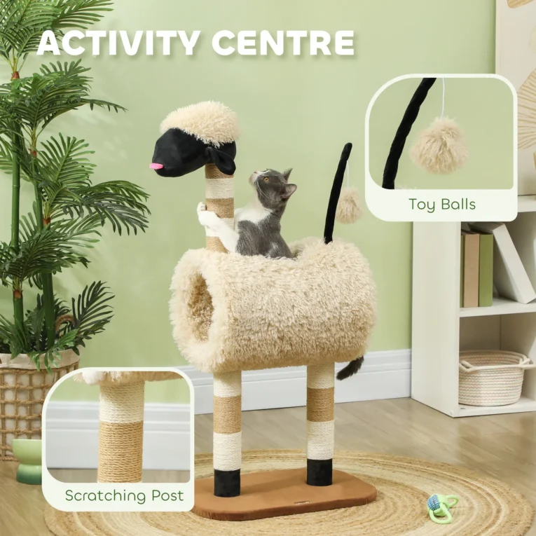 Sheep-Style Cat Tower with Tunnel and Scratching Posts – 98cm