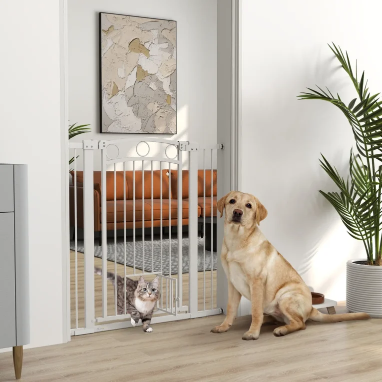 106cm Tall Dog Gate with Cat Door and Extensions – White, 76–104cm 106cm Tall Dog Gate with Cat Door and Extensions – White, 76–104cm