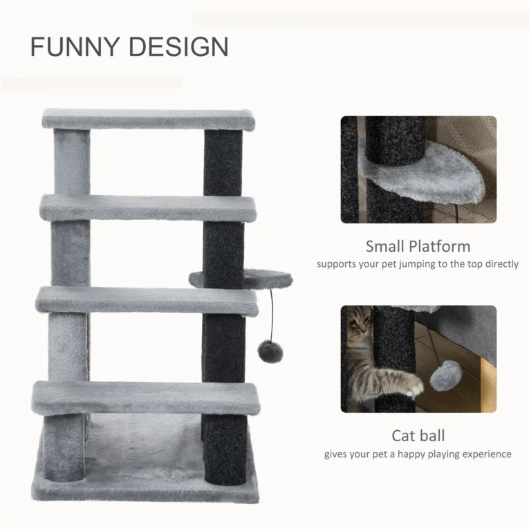 Four-Step Cat Stairs with Toy Platform – Grey, 64cm