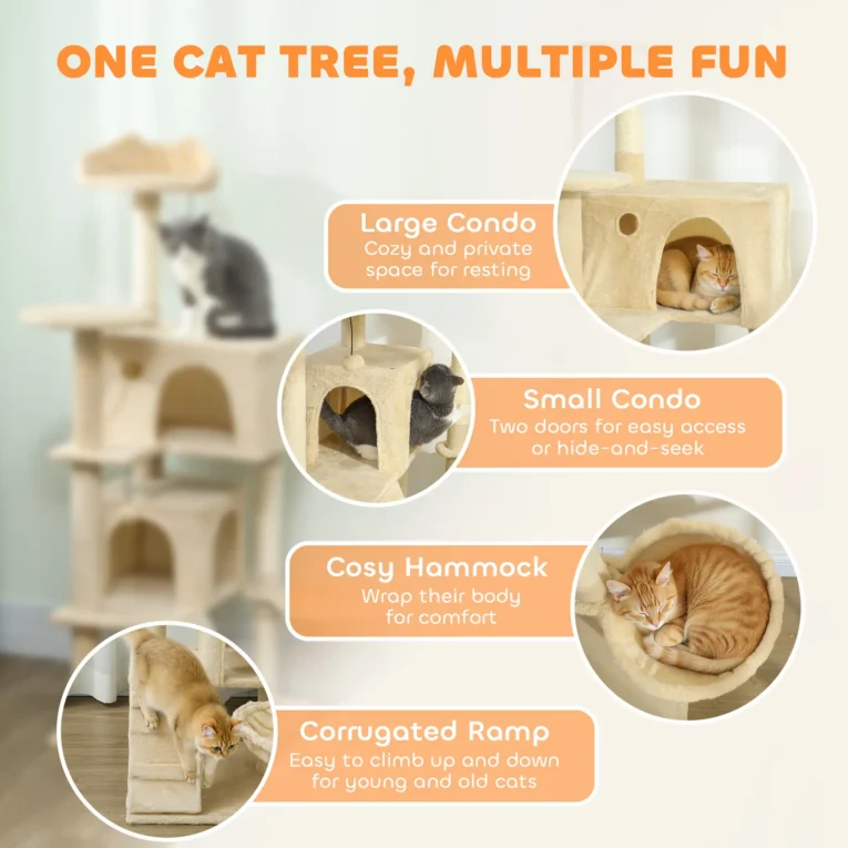 Cat Activity Tree 140cm with Hammock – Beige, Cream White