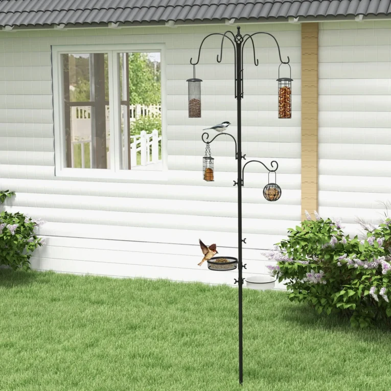 Garden Bird Feeding Station with Four Feeders and Six Hooks – Black Garden Bird Feeding Station with Four Feeders and Six Hooks – Black