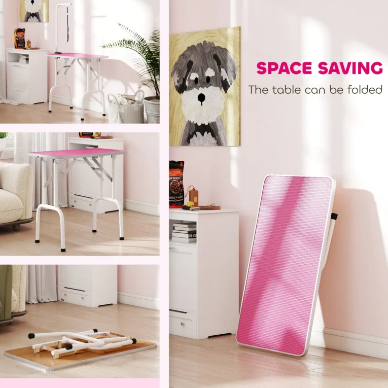 Folding Dog Grooming Table with Adjustable Arm – Pink, 81cm