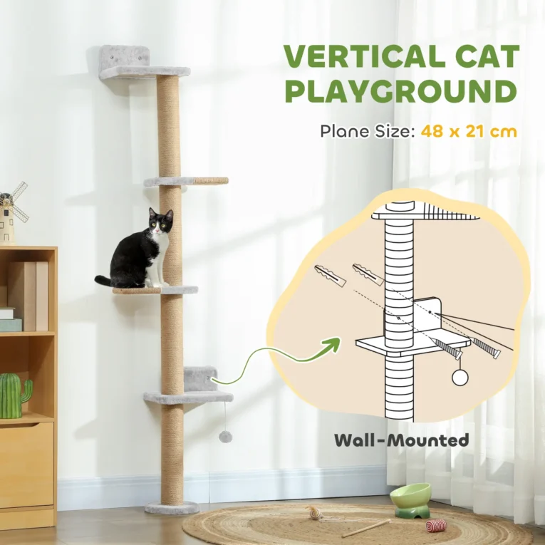 Wall-Mounted Cat Climbing Column with Four Platforms – Grey, 180cm