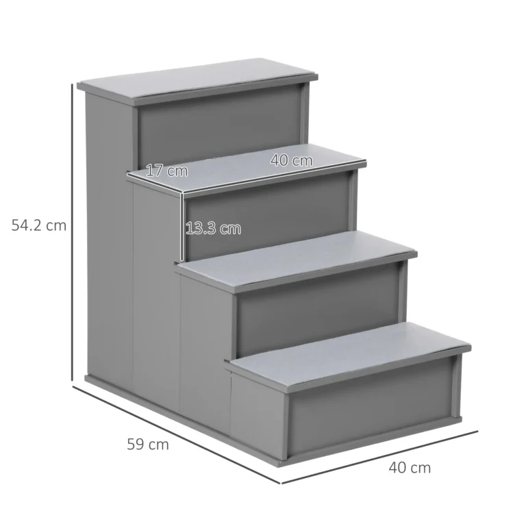 Four-Step Wooden Pet Stairs with Removable Mats – Grey, 54cm
