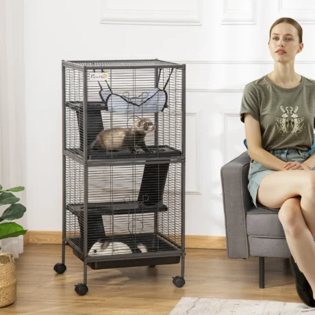 Four-Level Small-Animal Cage with Wheels and Hammock – Silver