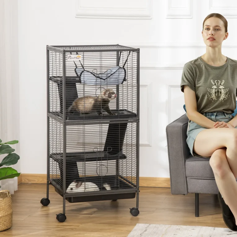 Four-Level Small-Animal Cage with Wheels and Hammock – Silver