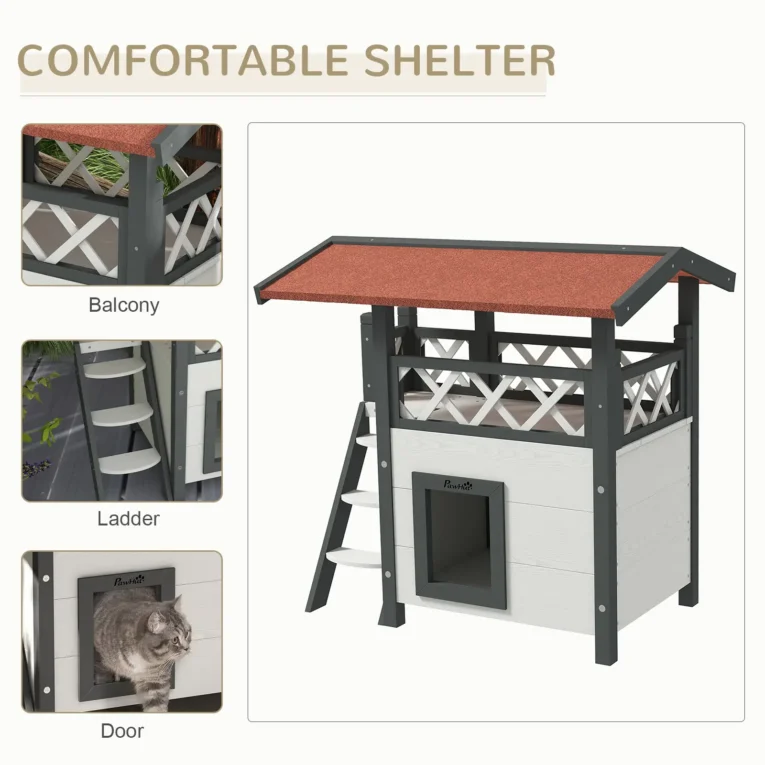 Two-Level Outdoor Cat House with Balcony and Steps – White