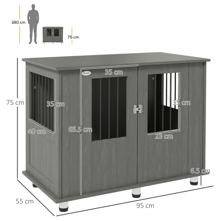 Dog Crate Side Table with Double Doors – Grey, 95cm