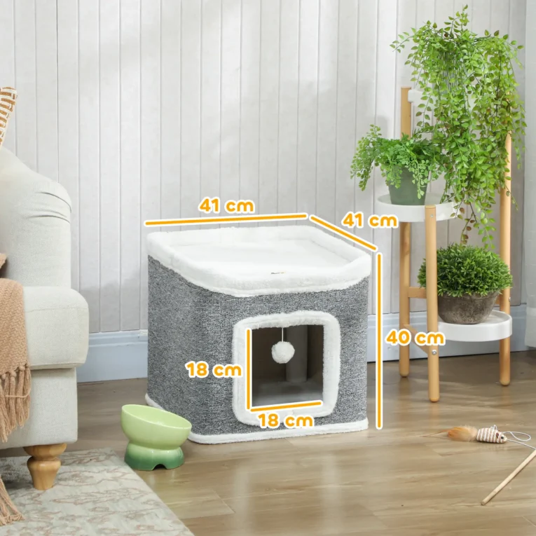 Two-Level Cat Hideaway with Top Bed and Toys – Grey, 41cm