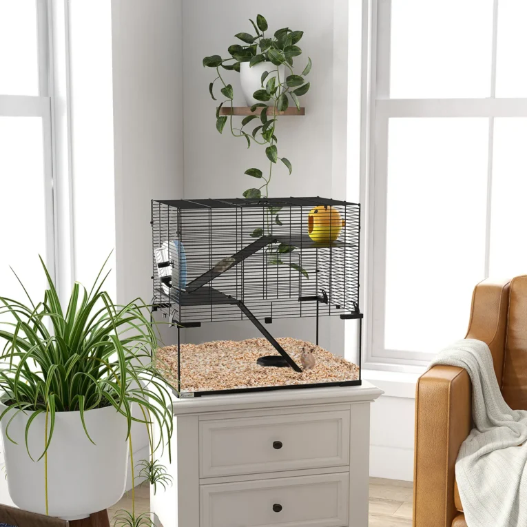 Three-Level Hamster Cage with Glass Base – Black, 60 × 40 × 54.5cm