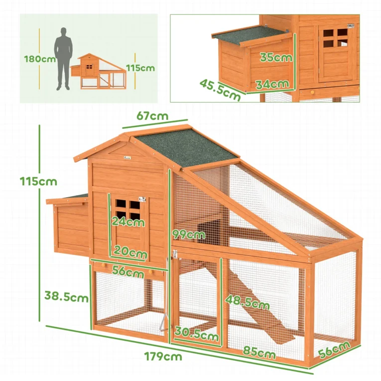 Wooden Hen House with Nesting Box and Attached Run – Orange