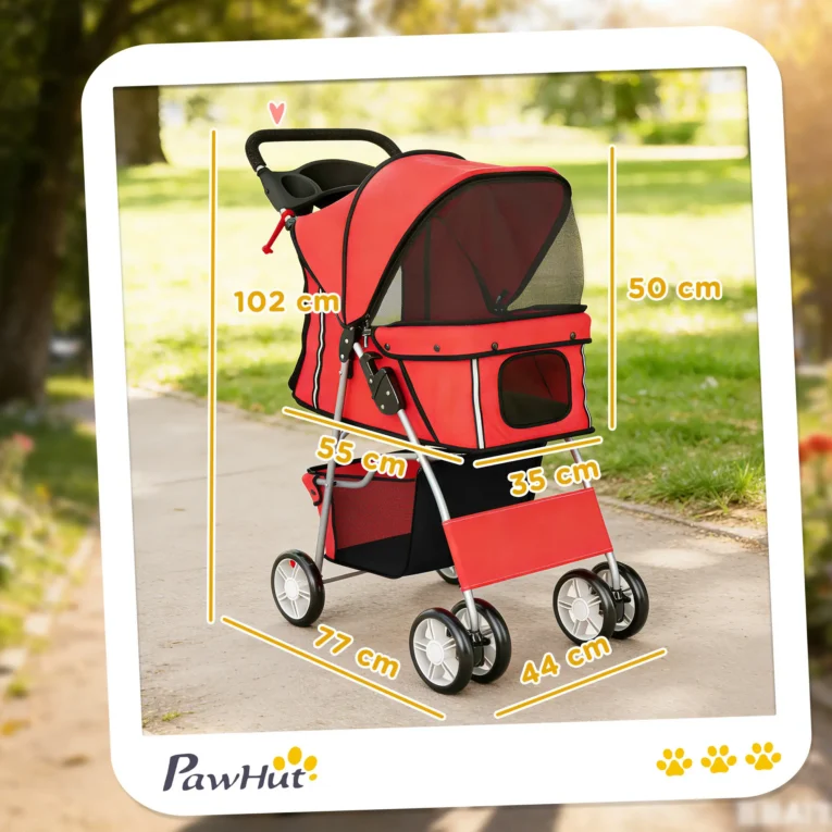 Folding Pet Stroller with Reflective Strips – Red Folding Pet Stroller with Reflective Strips – Red