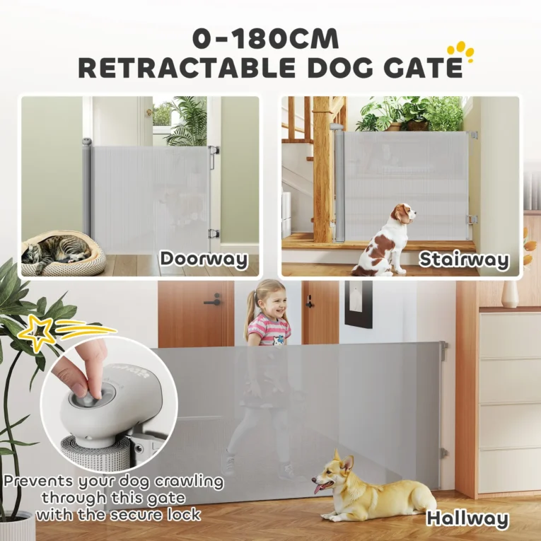 Retractable Mesh Dog Gate for Openings up to 180cm – Grey