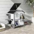 Two-Storey Wooden Cat House with Escape Door – White