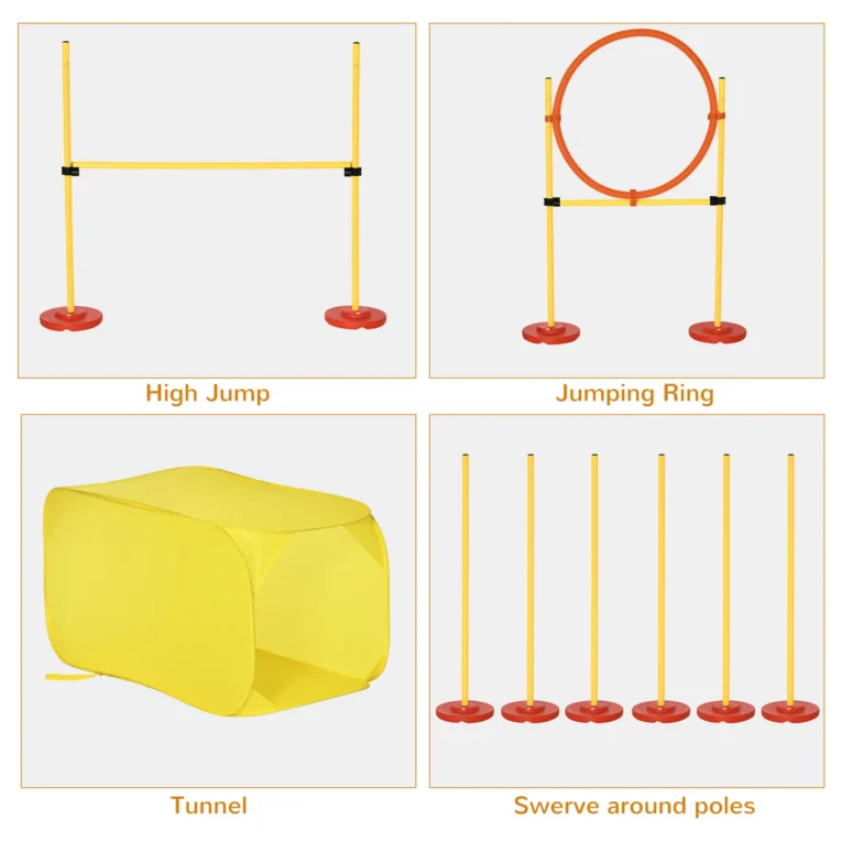 Dog Agility Course with Tunnel, Jump Ring and Weave Poles – Yellow