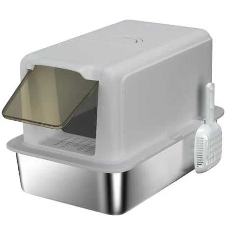 Covered Steel Cat Litter Box with Scoop and Filters &ndash; Grey, 60.5cm