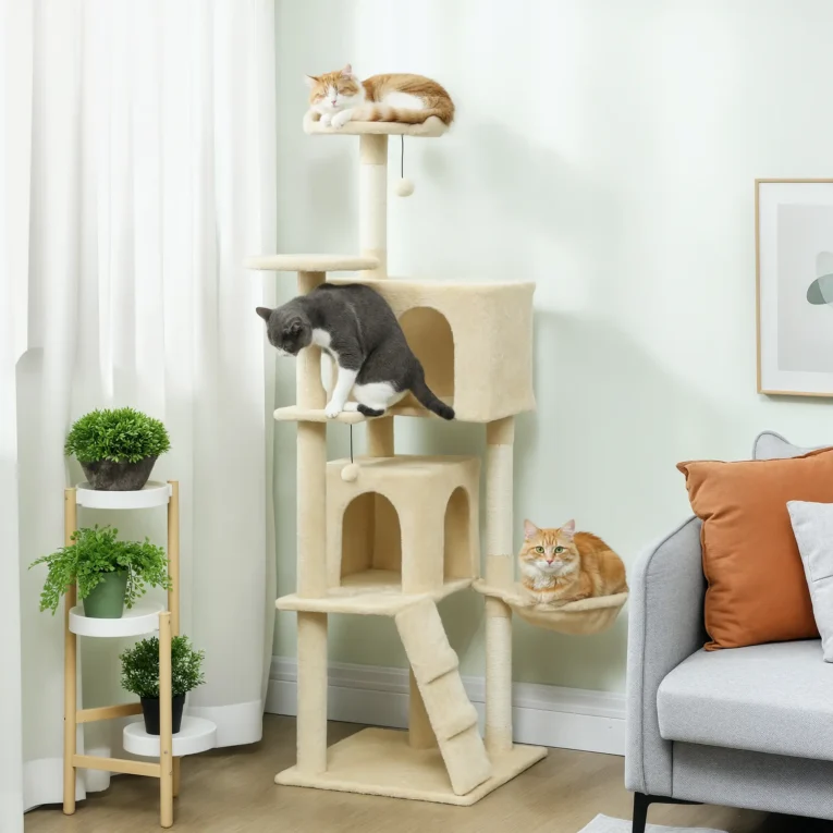 Cat Climbing Tower with Dens and Hammock – Beige, 160cm Cat Climbing Tower with Dens and Hammock – Beige, 160cm