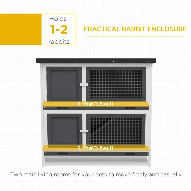 Two-Level Rabbit Hutch with Raised Sleeping Area – Grey, 97 × 44 × 91cm