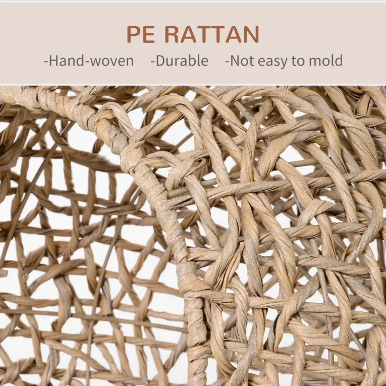 Round Rattan-Effect Cat Cave with Cushion – Natural, 58cm
