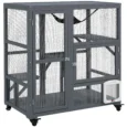 Wooden Indoor Cat Enclosure with Hammock and Wheels – Light Grey