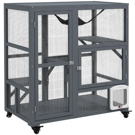 Wooden Indoor Cat Enclosure with Hammock and Wheels &ndash; Light Grey