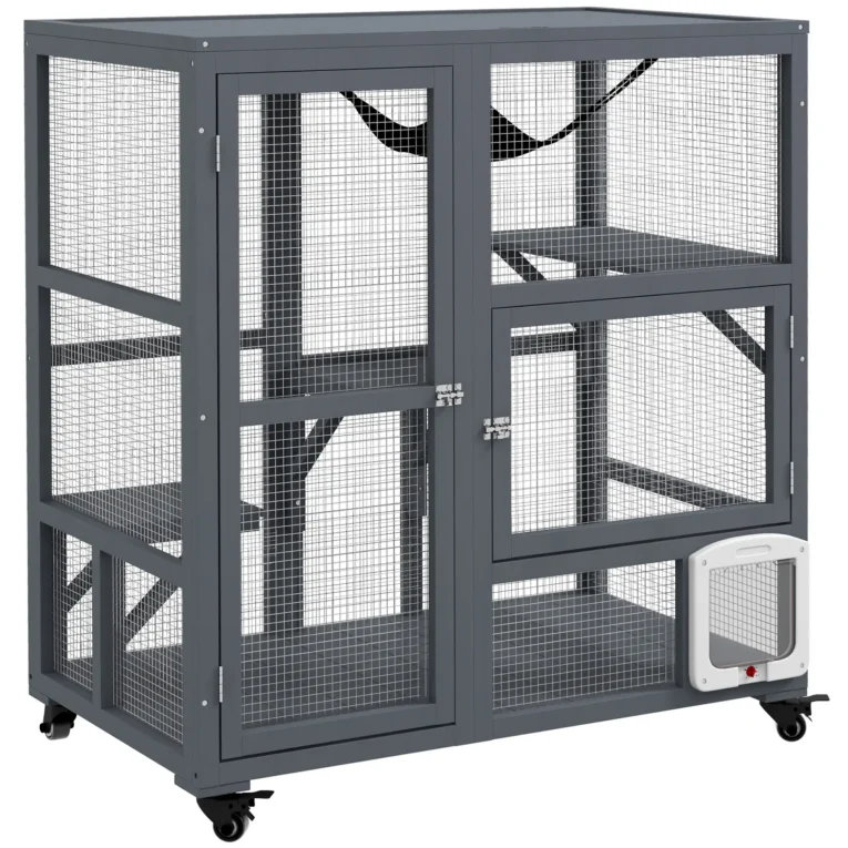 Wooden Indoor Cat Enclosure with Hammock and Wheels – Light Grey