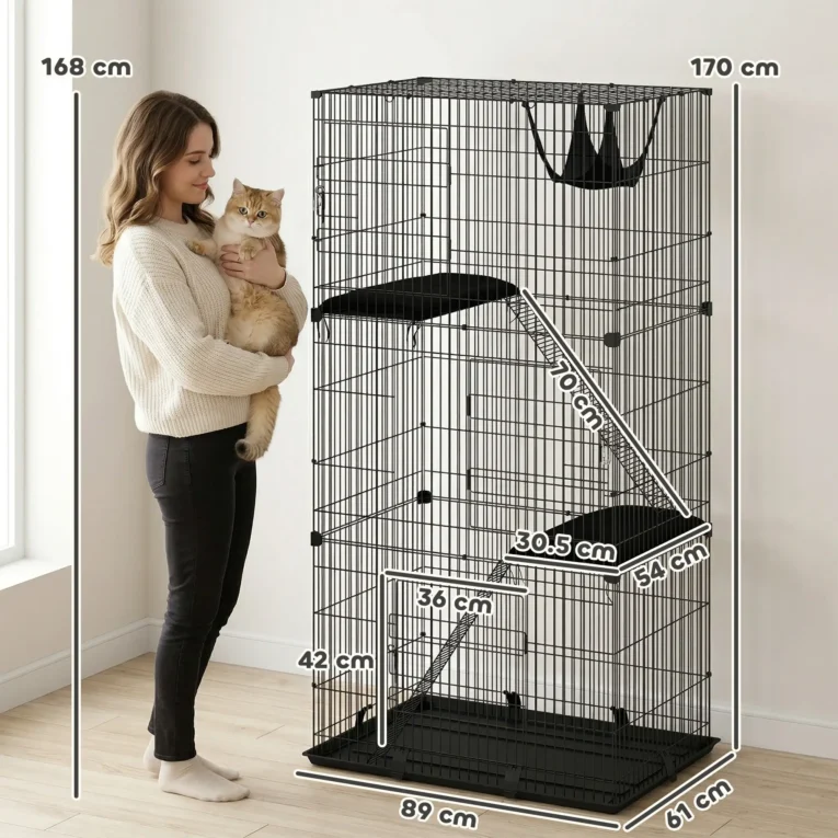 Tall Indoor Cat Enclosure with Hammock and Platforms – Black