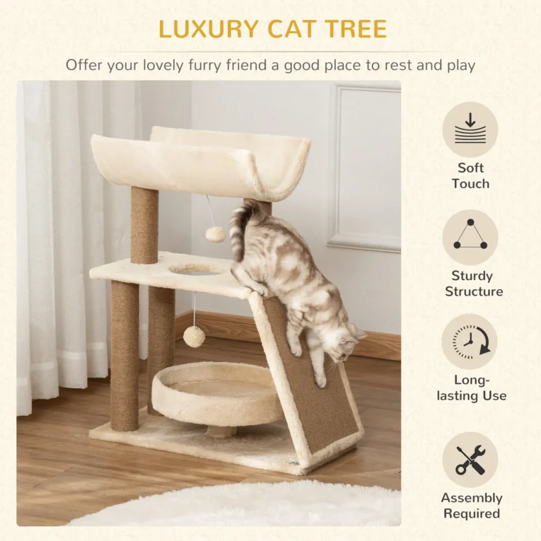 Cat Tower with Curved Perch and Scratch Pad – Light Brown