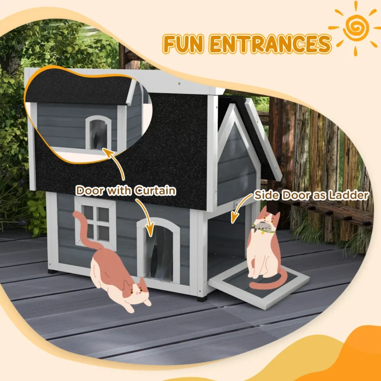 Outdoor Wooden Cat Shelter with Opening Roof – Grey, 77cm