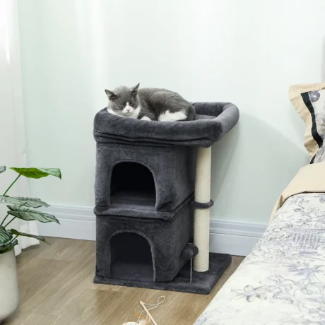 Compact Cat Tower with Two Dens and Wide Top Bed – Dark Grey, 66cm