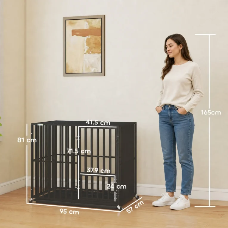 Steel Dog Crate with Wheels and Removable Tray – Black, 95cm