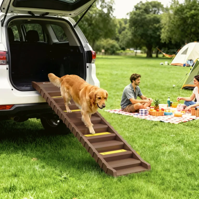 Folding Dog Access Ramp with Grip Strips – Brown, 154cm