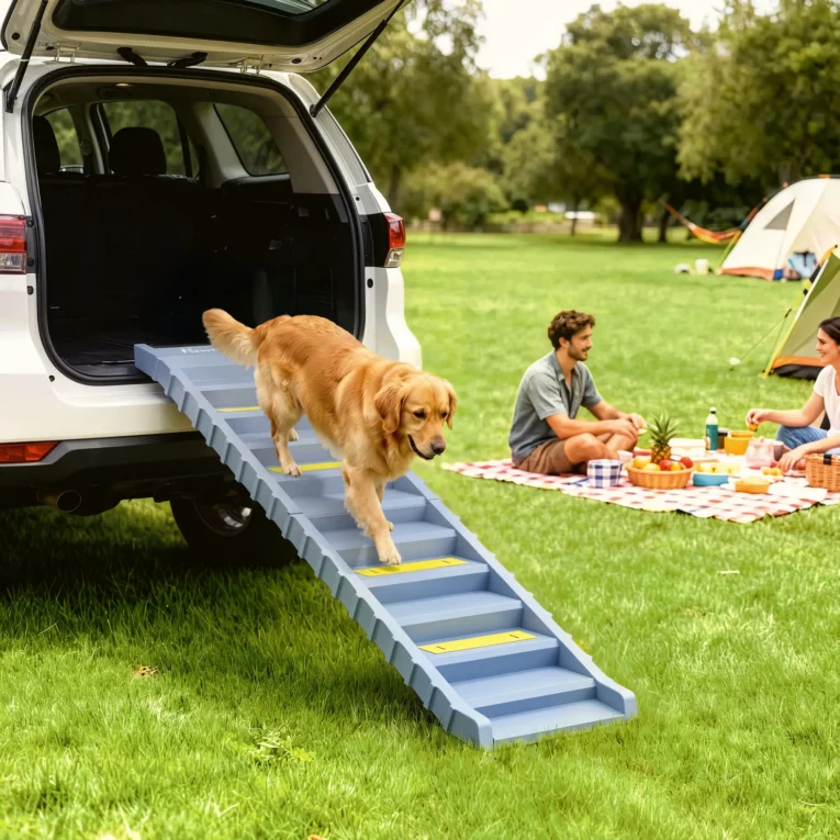 Folding Dog Car Ramp with Ten Stepped Treads – Grey, 154cm