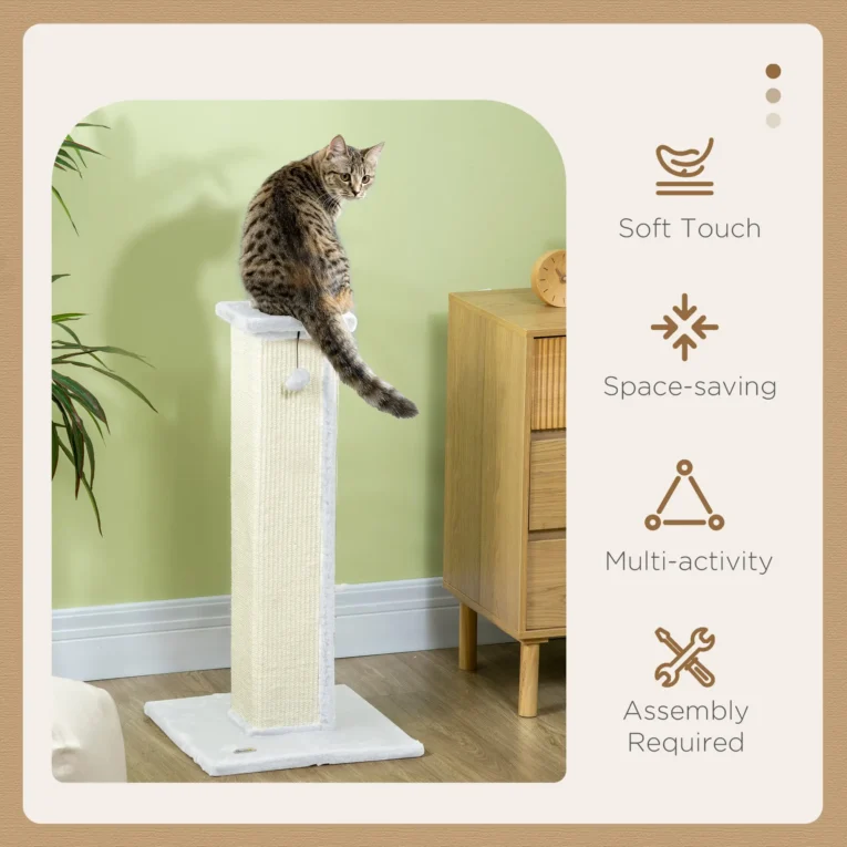 81cm Tall Sisal Cat Scratching Post with Hanging Ball – White