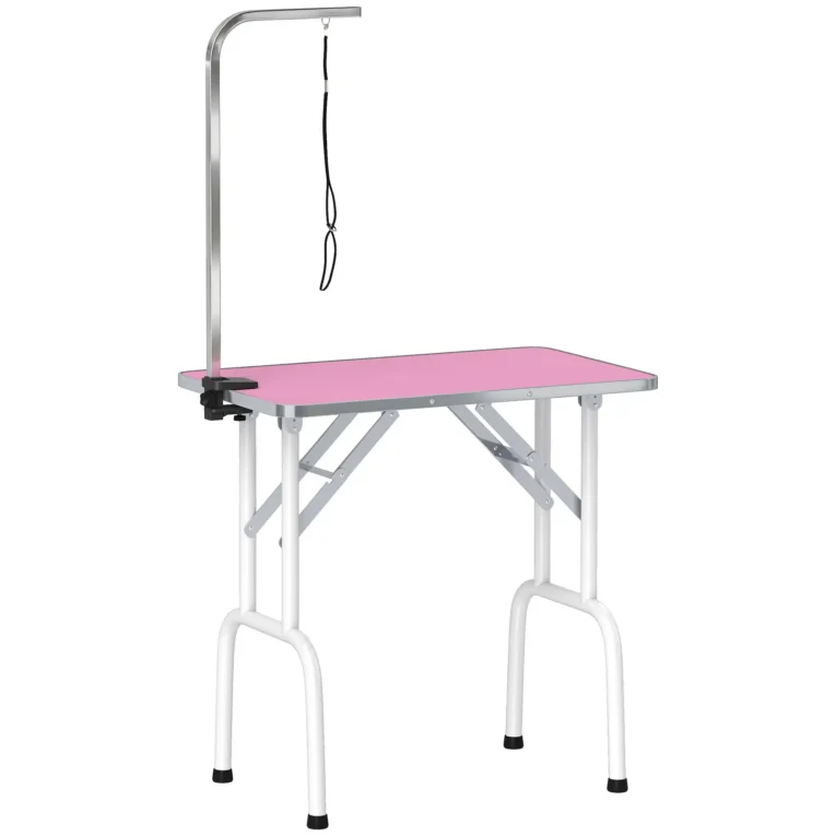Folding Dog Grooming Table with Adjustable Arm – Pink, 81cm