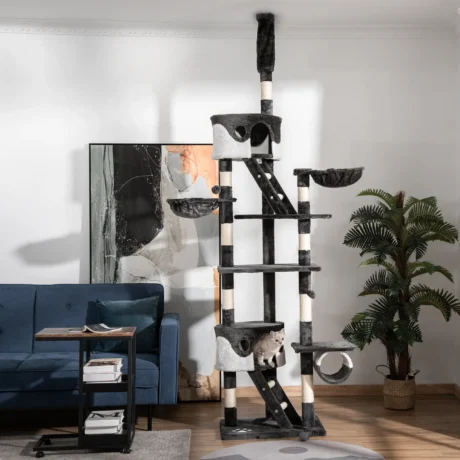 Floor-to-Ceiling Cat Tree with Hammocks and Tunnel – White, 240–260cm