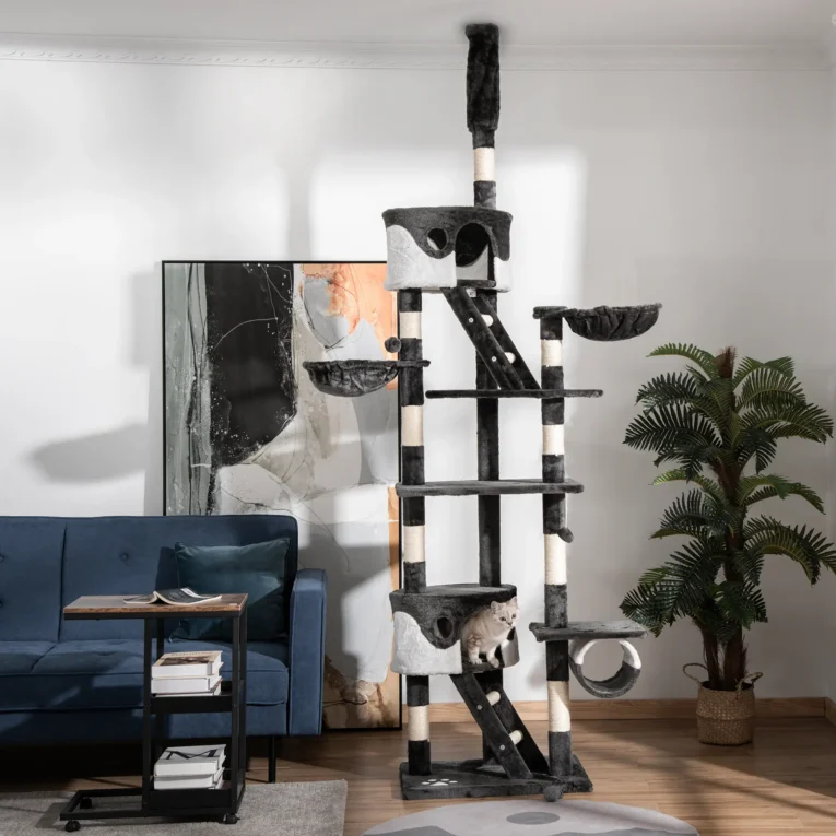 Floor-to-Ceiling Cat Tree with Hammocks and Tunnel – White, 240–260cm