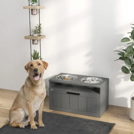 Raised Double Dog Feeding Station with Drawer &ndash; Grey, 2L Bowls &ndash; detail 2