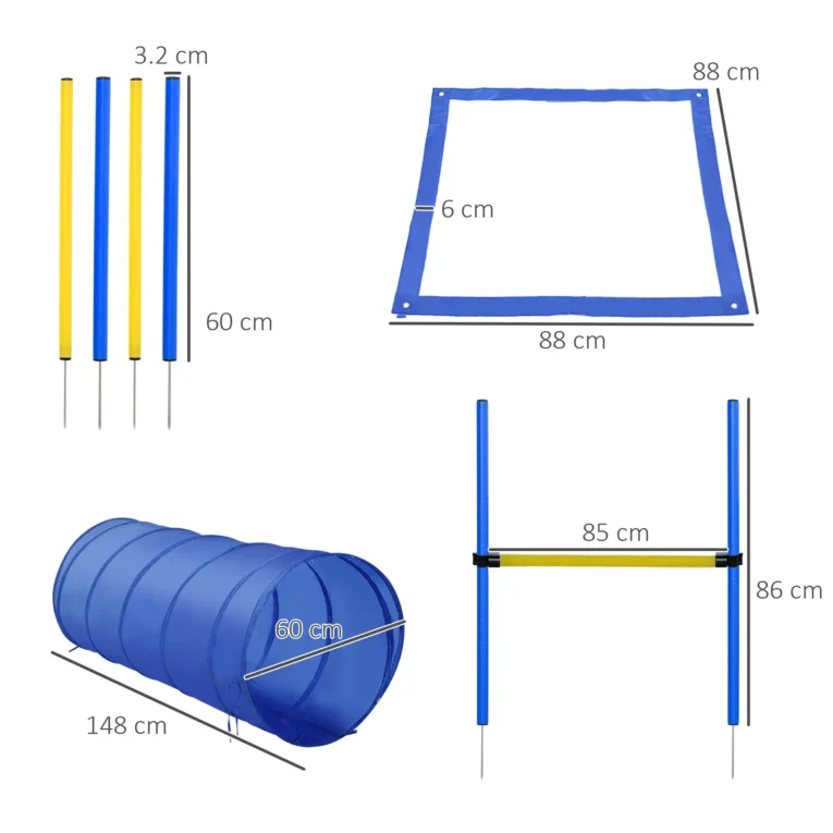 Dog Agility Training Set Adjustable (Poles, Hurdle, Tunnel) – Blue and yellow