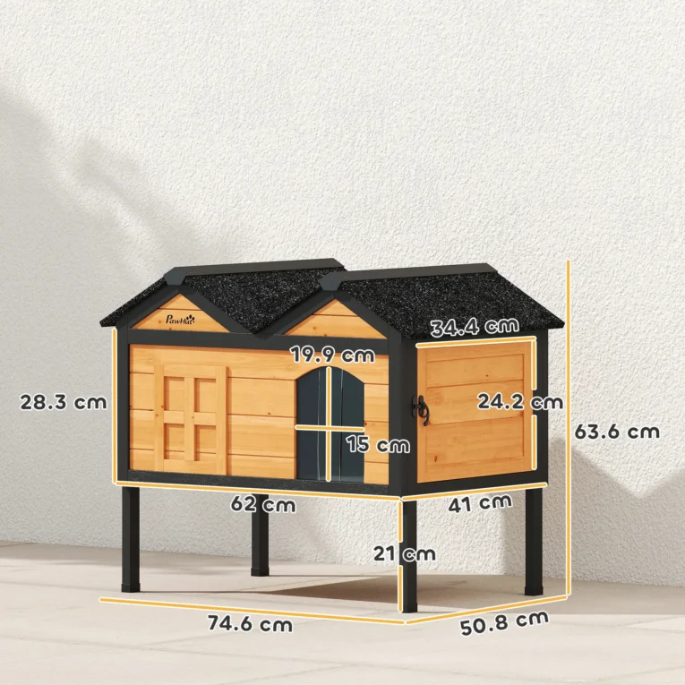 Raised Wooden Cat Shelter with Side Access – Yellow, 74.6cm
