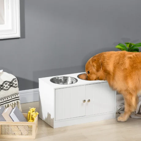 Raised Double Dog Feeder with Storage Cupboard – White