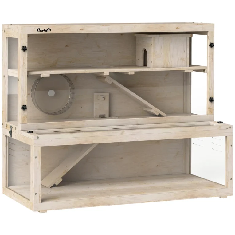 Three-Level Wooden Hamster Habitat with Wheel – Natural, 100cm Three-Level Wooden Hamster Habitat with Wheel – Natural, 100cm