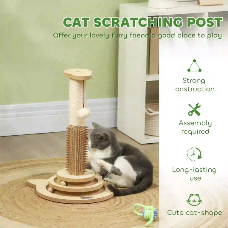 Cat Scratching Post with Grooming Brush and Ball Tracks – Oak, 49cm