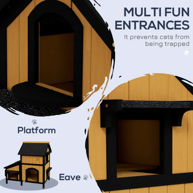 Wooden Cat House Water-Resistant Roof – Yellow, Black
