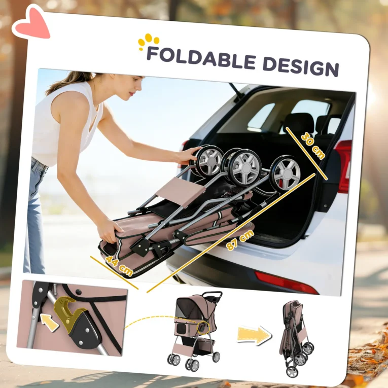 Folding Pet Stroller with Storage Basket – Brown, 10kg