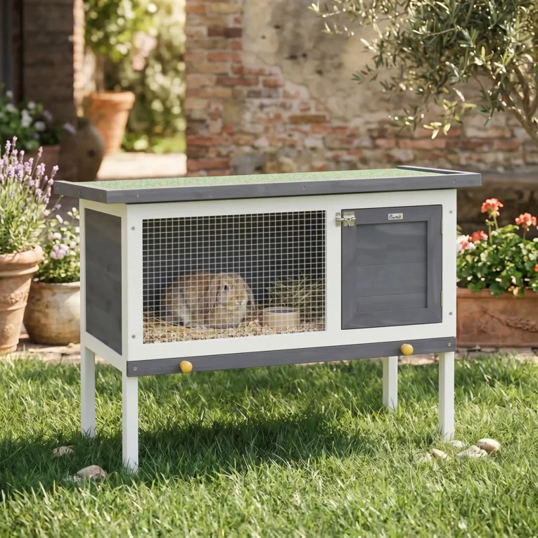 Wooden Rabbit Hutch Elevated Outdoor Bunny House – Grey, white