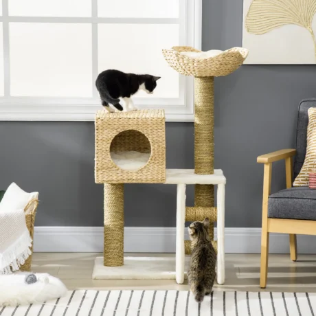 Natural-Finish Cat Tower with Den, Bed and Ladder – 100cm
